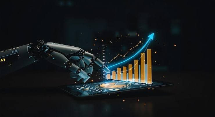 Robotic hand pointing at a rising sales chart