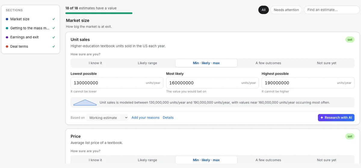 Decision Intelligence Platform: an estimate entered as a low, most likely and high value, with the AI research button