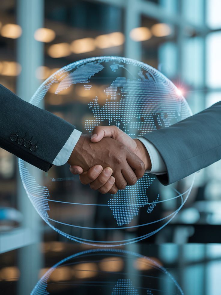 Business handshake in front of a digital globe